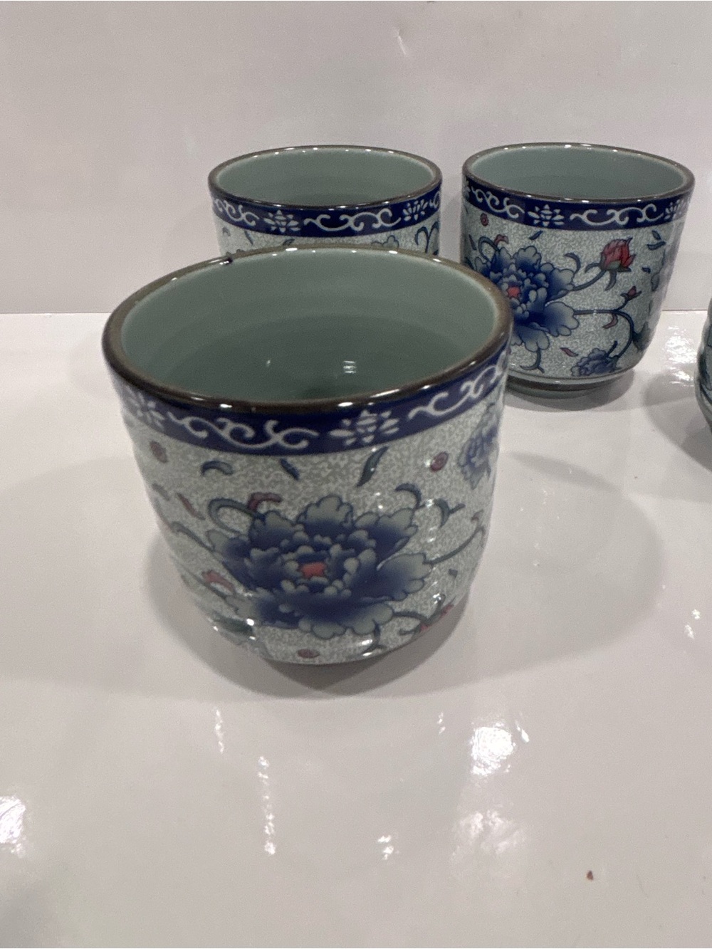 Vintage 4 Japanese porcelain yunomi tea cups blue peonies floral tea bowls - Picture 5 of 9